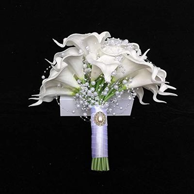 HXSCOO White Calla Lilies Bridal Silk Wedding Bouquet Natural Touch with Pearls Bridesmaid Flower (Color : Bridal Bouquet)
