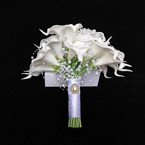 HXSCOO White Calla Lilies Bridal Silk Wedding Bouquet Natural Touch with Pearls Bridesmaid Flower (Color : Bridal Bouquet)