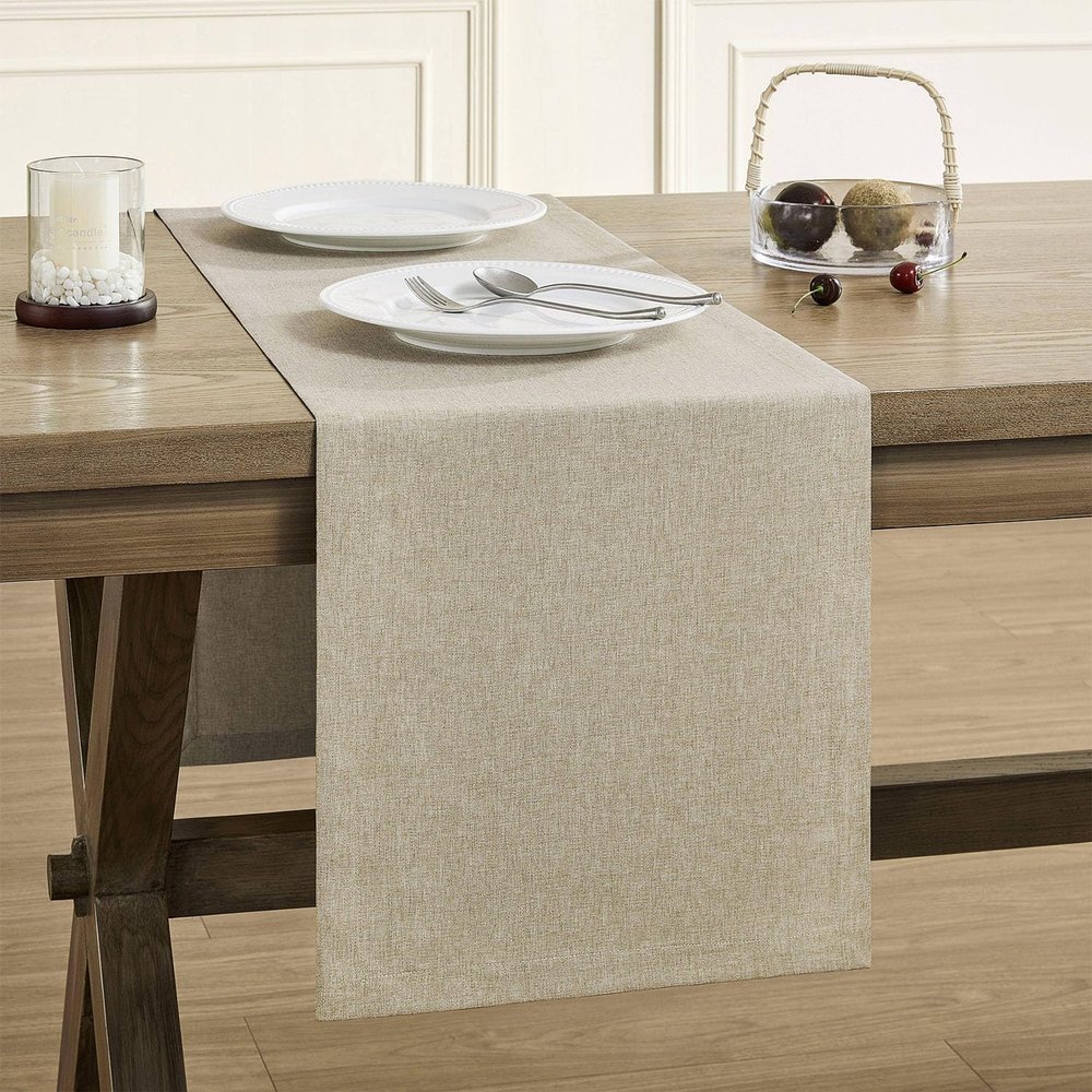 ZeeMart Basic Linen Style Table Runner, 14 x 108 Inch Natural Chambray, Rustic Farmhouse Neutral Beige Table Runners 108 Inches Long, Everyday Polyester Table Runner - Machine Washable & Easy Care