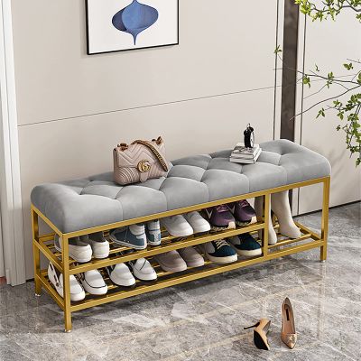 Luxurious Entryway Bench with Boots Storage,Velvet Upholstered Shoe Bench Shoe Rack Bench,Modern Shoe Storage Bench Entry Shoe Organizer Furniture-Gray 70x30x46cm(28x12x18inch)