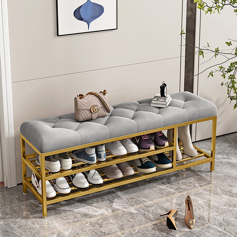 Luxurious Entryway Bench with Boots Storage,Velvet Upholstered Shoe Bench Shoe Rack Bench,Modern Shoe Storage Bench Entry Shoe Organizer Furniture-Gray 70x30x46cm(28x12x18inch)