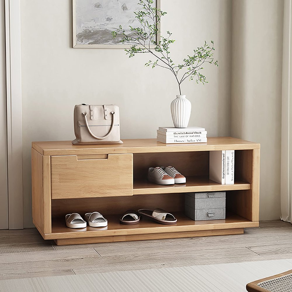 Solid Wood Entryway Bench with Drawer,Premium Shoe Storage Bench Shoe Cabinet,Modern Wooden Shoe Bench Shoe Organizer Furniture-Yellow 80x35x44cm(31x14x17inch)