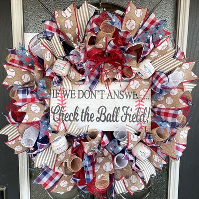 Baseball Check the Ball Field Family Deco Mesh Front Door Wreath Home Holiday Decor Fun Festive Summer Decor Indoor Outdoor, Handmade, Unique Gift Idea for Coach Team Mom Parent, MLB Baseballs