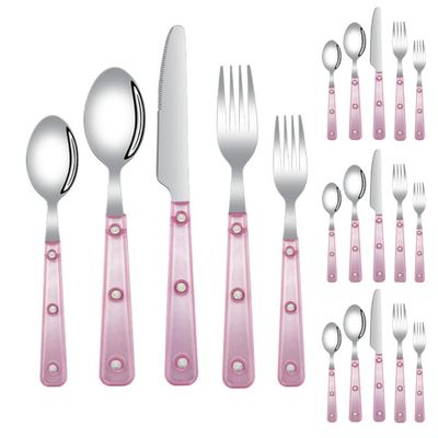 20 Piece Frosted Clear Handle Silverware Tableware Set for 4 People, 18/10 Stainless Steel Flatware Set, Steak Table Knife Fork Spoon Fruit Fork Tea Spoon Cutlery Sets (Pink)