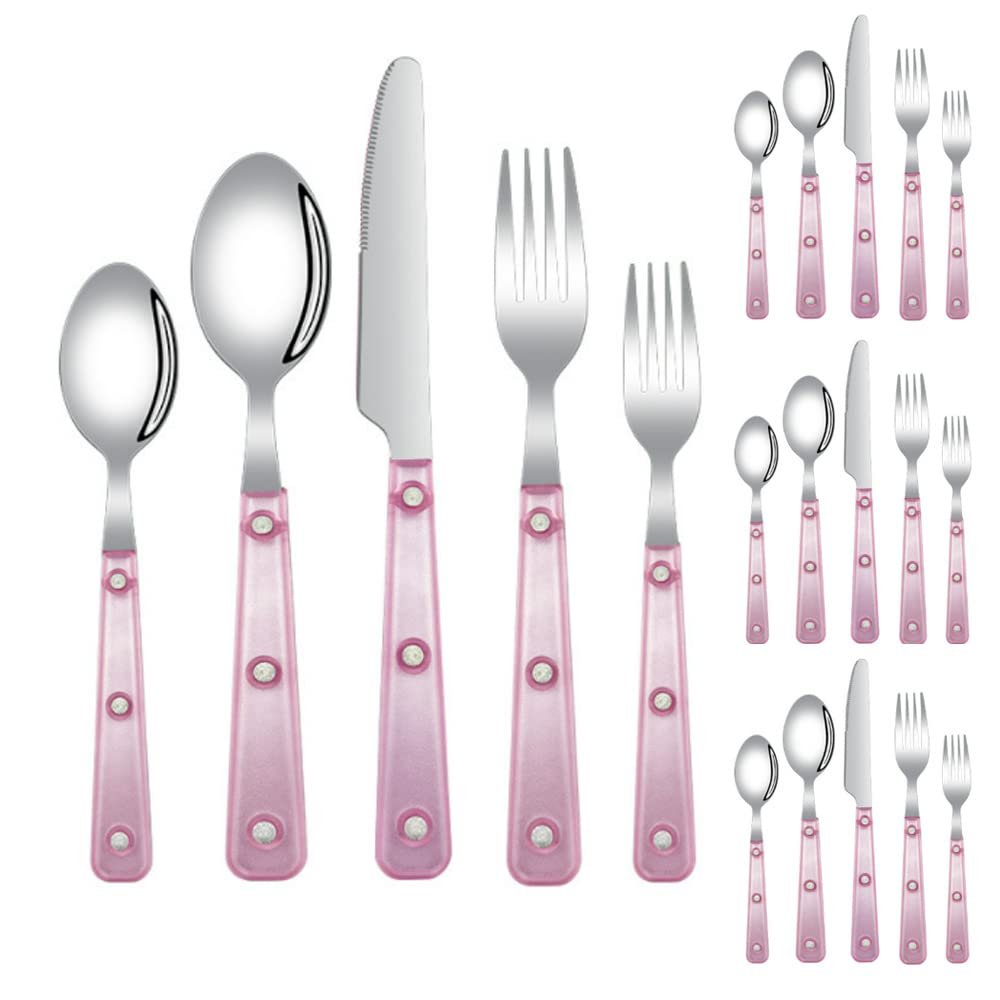 20 Piece Frosted Clear Handle Silverware Tableware Set for 4 People, 18/10 Stainless Steel Flatware Set, Steak Table Knife Fork Spoon Fruit Fork Tea Spoon Cutlery Sets (Pink)