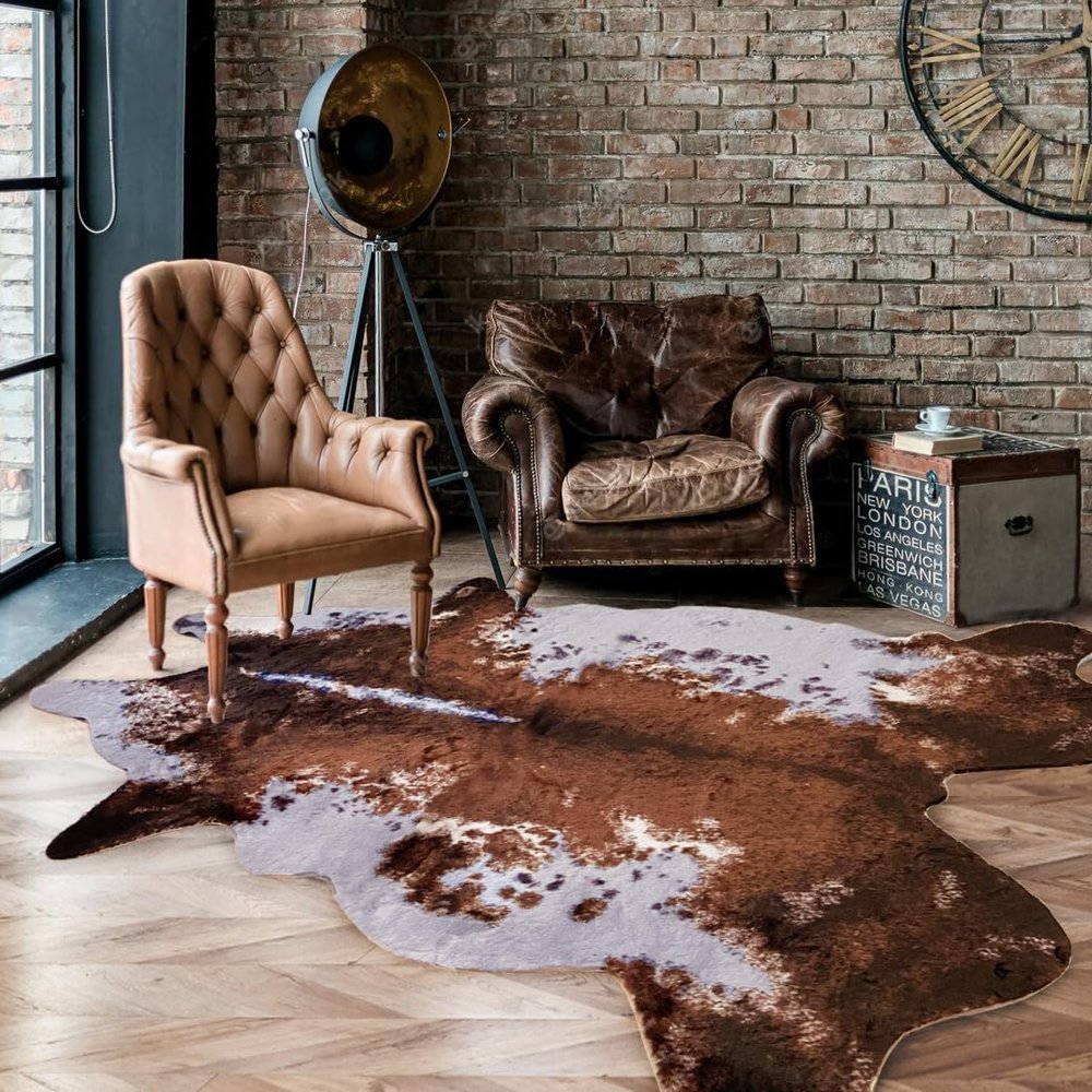 ARJINCUTE Faux Fur Cowhide Rug 5.6 x 7.3 ft, Cow Print Area Rug Cute Animal Printed Carpets for Bedroom Living Room Rustic Western Home Decor, No Shedding and Easy to Clean