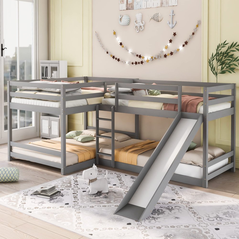 HZSSDTKJ Full and Twin Size L-Shaped Bunk Bed with Slide and Short Ladder,Wooden Floor Bunk Bed Frame with Headboard and Footboard for Kids Teen Girls Boys Adults Bedroom Furniture (Gray)