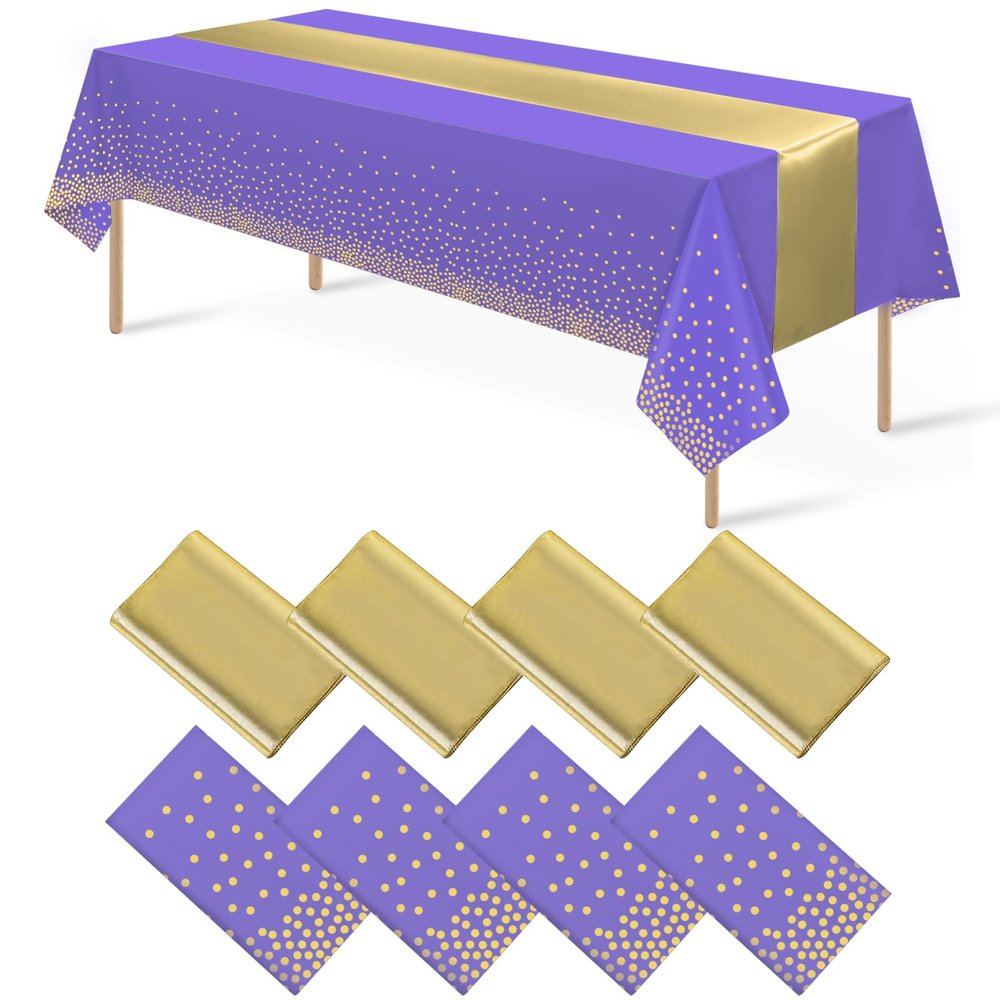 8Pack Disposable Plastic Tablecloths and Satin Table Runner Set Purple and Gold Dot Tablecloth Gold Satin Table Runner for Wedding Birthday Baby Shower Anniversary Christmas New Year Party Supplies