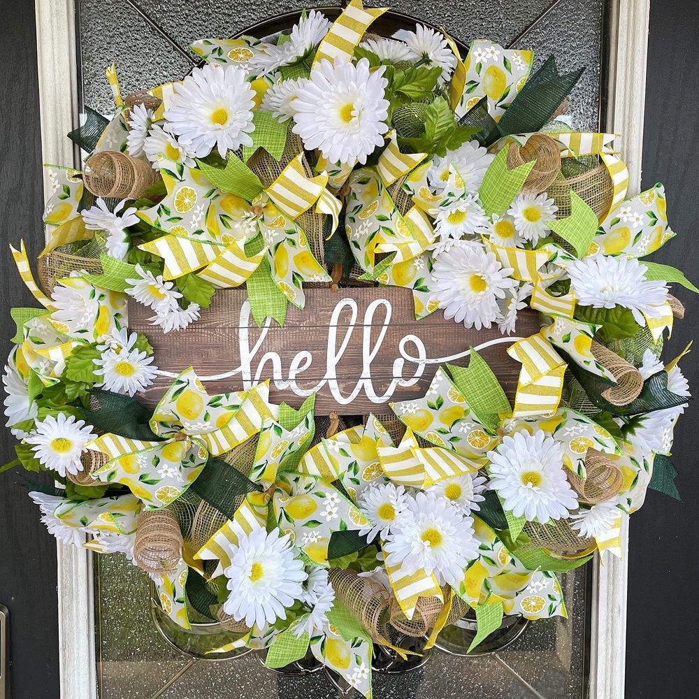 XL HELLO Lemon & Daisy Summer & Spring Deco Mesh Front Door Wreath, Porch Patio Home Decor, Handmade, Unique Gift Idea for Her