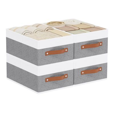 YheenLf Storage Boxes, Storage Baskets with Handles, Cube Organizer Bins for Wardrobe Bedroom Laundry, 13 9.1 5.5 Inch, White and Grey, 4-Pack