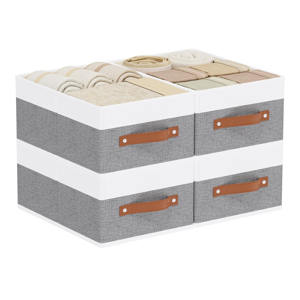 YheenLf Storage Boxes, Storage Baskets with Handles, Cube Organizer Bins for Wardrobe Bedroom Laundry, 13  9.1  5.5 Inch, White and Grey, 4-Pack