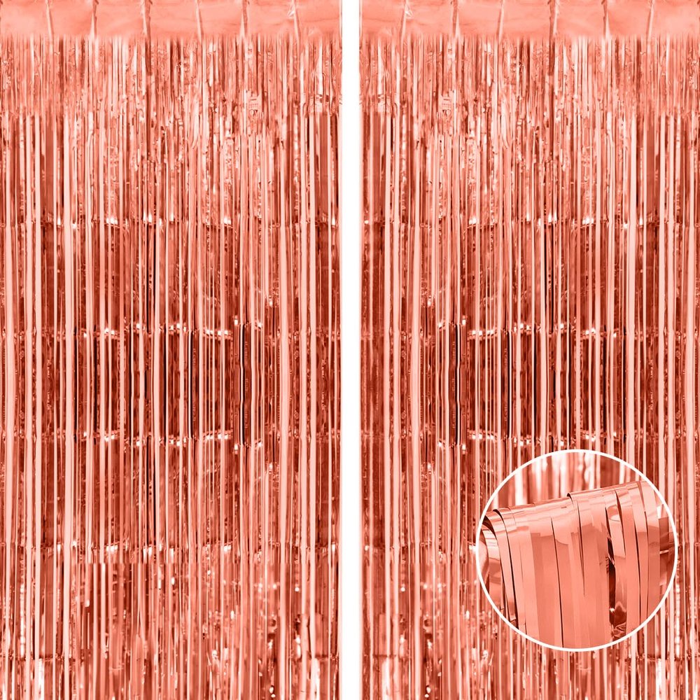 Thicken Rose Gold Foil Fringe Curtains Decorations 3.2x8.2ft - 2 Pack, Photo Backdrop for Birthday Bachelorette Bridal Shower Baby Shower Graduation Party, Party Streams Decor