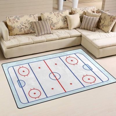 Ice Hockey Rink in Blue Tones and Red Graphic Outline Kids Rugs, Abstract Sports Field Large Bedroom Carpet, Protect Flooring for Decor Teen Boys Room Floor Lounge Nursery, 3ft x 6ft