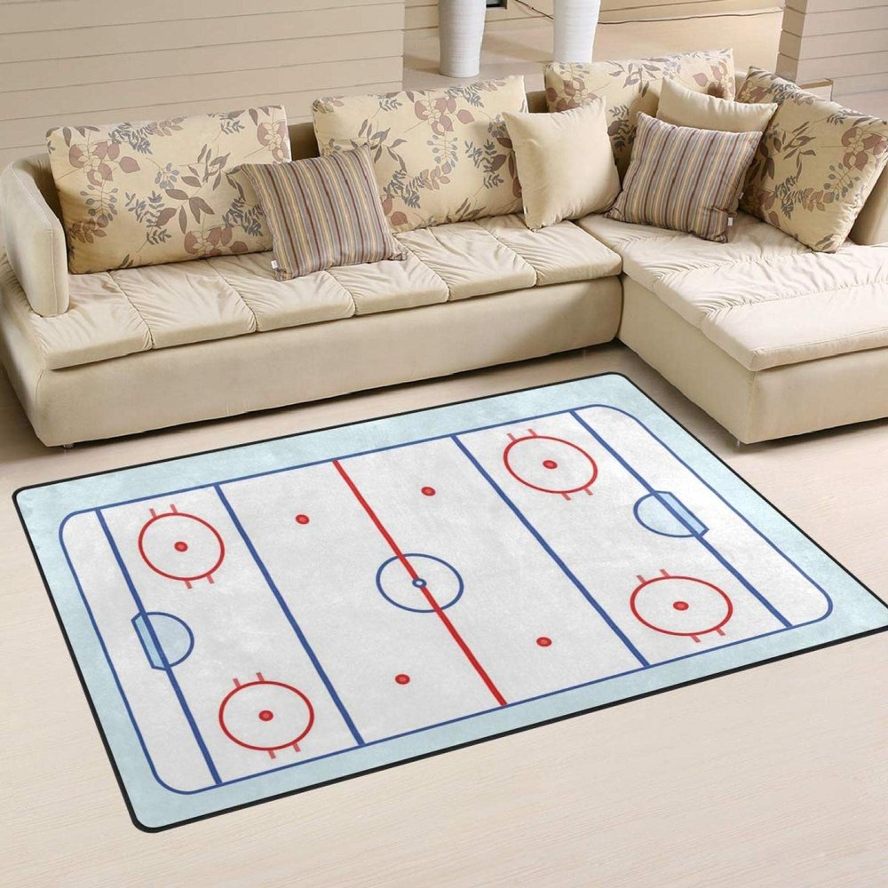 Ice Hockey Rink in Blue Tones and Red Graphic Outline Kids Rugs, Abstract Sports Field Large Bedroom Carpet, Protect Flooring for Decor Teen Boys Room Floor Lounge Nursery, 3ft x 6ft