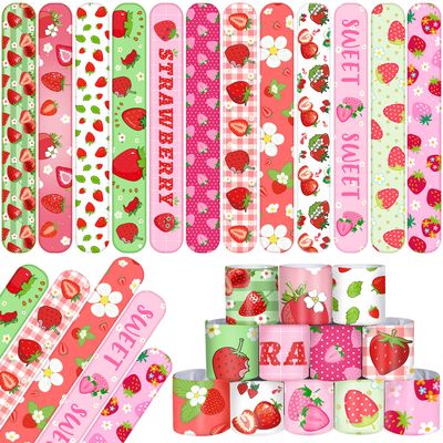 YYMYMGJ 48PCS Strawberry Party Favors Slap Bracelets Berry First Birthday Party Supplies Decorations for Baby Shower Sweet 1st Birthday Party