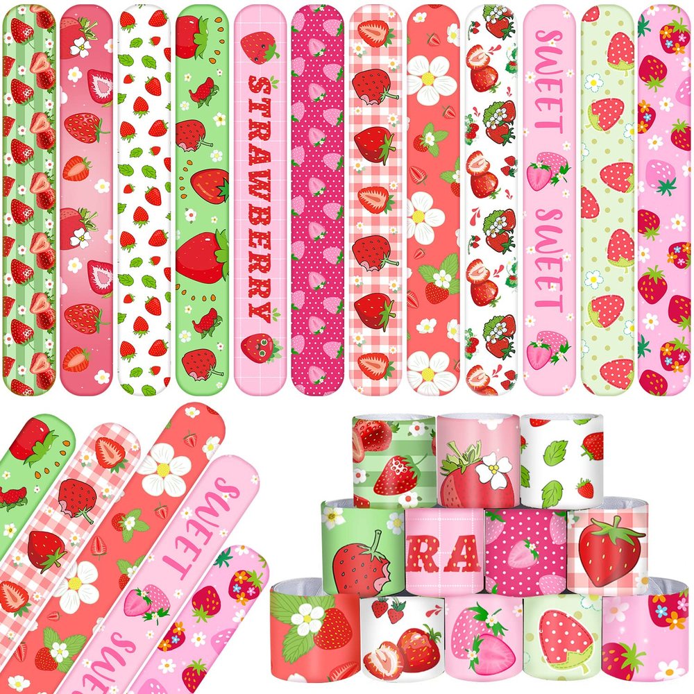 YYMYMGJ 48PCS Strawberry Party Favors Slap Bracelets Berry First Birthday Party Supplies Decorations for Baby Shower Sweet 1st Birthday Party