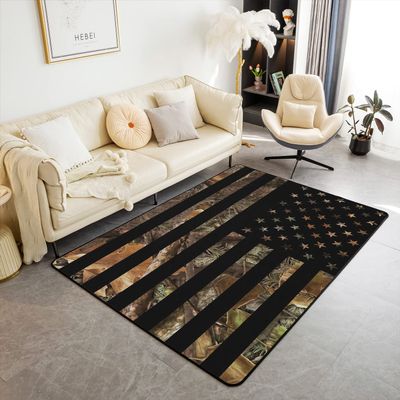 American Flag Camo Rug, Rustic Tree Leaves Camouflage Area Rug 5x6'6'', Military Hunting Carpet for Boys Teens Kids Man, Nature Conifer Oak Branches Non Slip Living Room Rugs