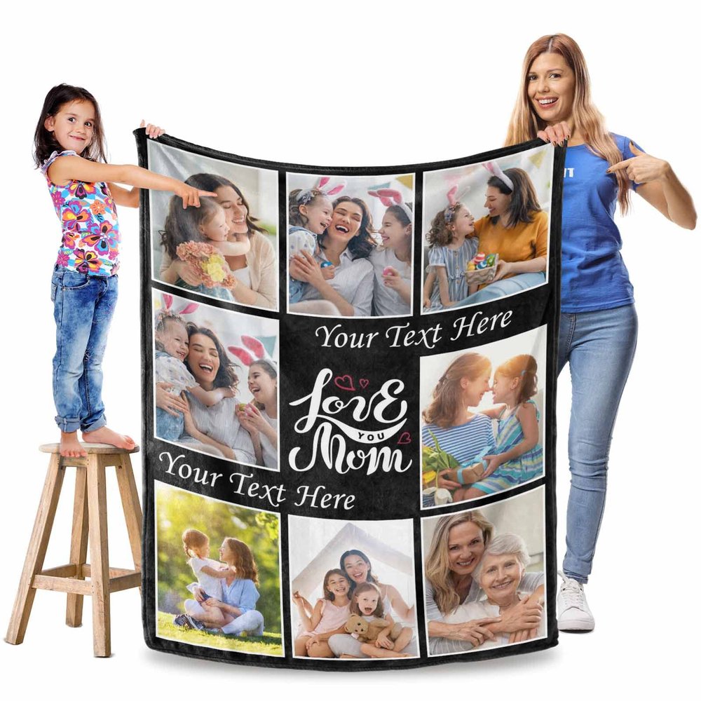 Customized Blanket with Pictures and Text for Mom, Personalized Gifts for Mother's Day, Birthday, Christmas - Love You Mom in Soft Throws 40"x50"
