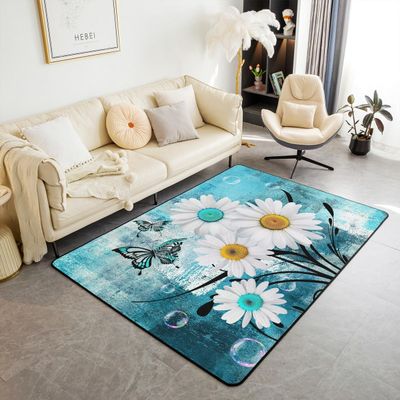 Erosebridal Turquoise Living Room Rugs 5x6'6'' for Kids Boys, Teal and Grey Ombre Area Rugs for Bedroom, Grunge Watercolor Carpet Runner Non Slip, Vintage Daisy Flowers Artwork Decorative Accent Rug