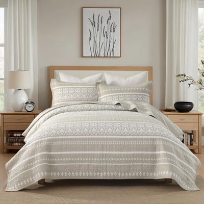 BCOTTOND King Quilt Set, 100% Cotton Boho Quilt King Size Bohemian Striped Pattern Bedspread King Lightweight Quilt Bedding Set Comforter Set All Season, 3 Piece, Beige Gray