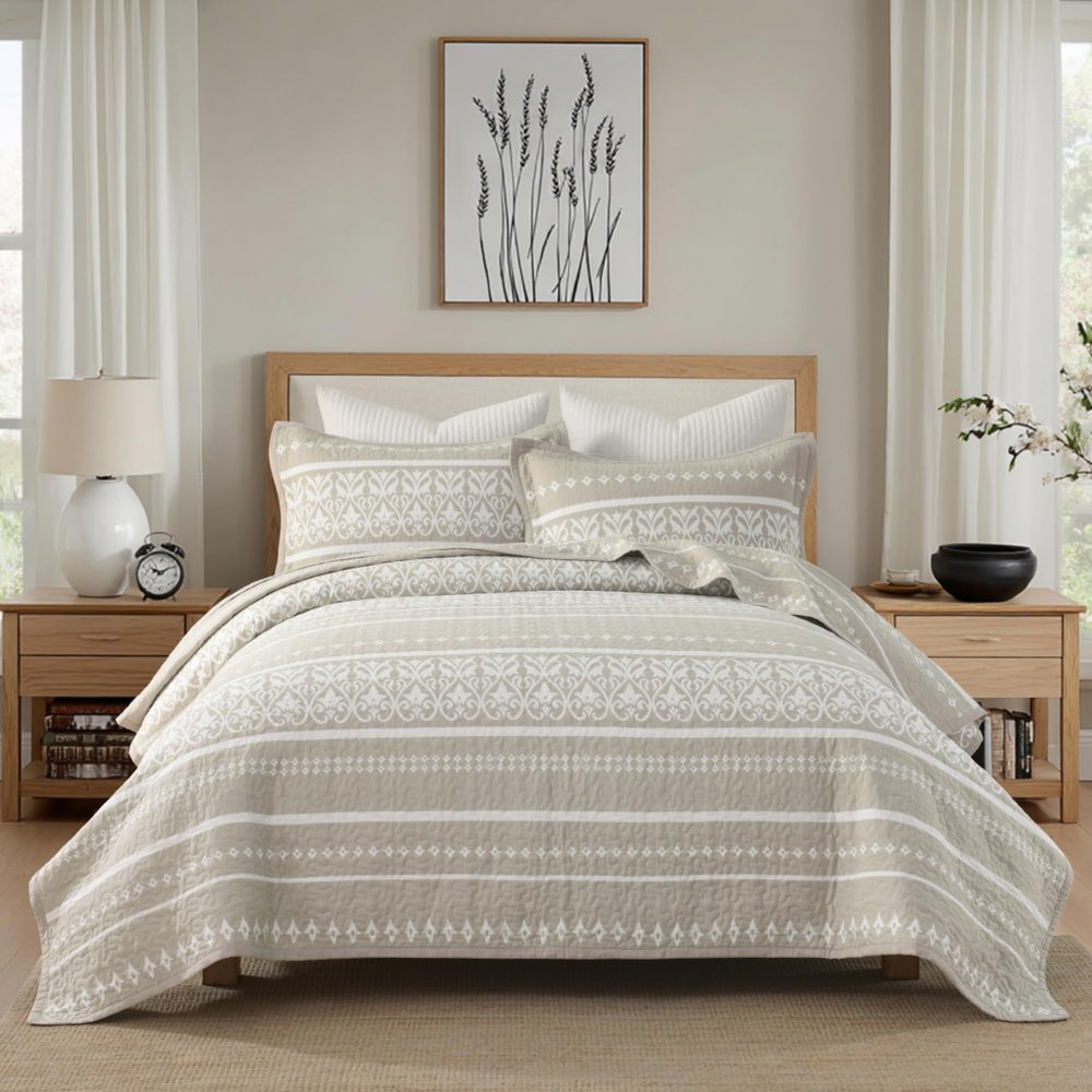 BCOTTOND King Quilt Set, 100% Cotton Boho Quilt King Size Bohemian Striped Pattern Bedspread King Lightweight Quilt Bedding Set Comforter Set All Season, 3 Piece, Beige Gray