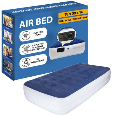 Greaton Medium Firm Air Mattress with Electric Pump, Waterproof Comfort Coil Technology Bed, Portable Multi-Purpose Sleeping Mattresses for Camping and Guest, 300lb Weight Capacity, Twin-14, Blue