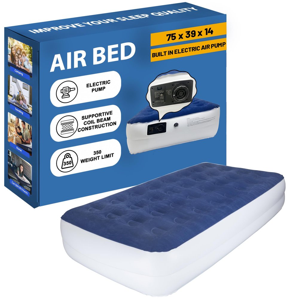 Greaton Medium Firm Air Mattress with Electric Pump, Waterproof Comfort Coil Technology Bed, Portable Multi-Purpose Sleeping Mattresses for Camping and Guest, 300lb Weight Capacity, Twin-14, Blue