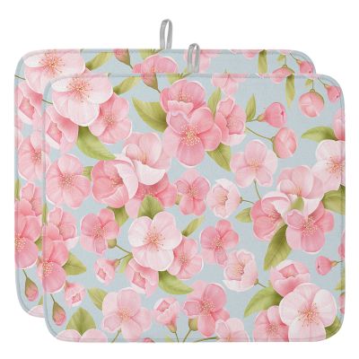 Spring Floral Dish Drying Mat for Kitchen Counter, Pink Peach Blossom and Green Leaf on Green Absorbent Reversible Dish Drainer Rack Mats for Coffee Bar Mats 18''x24'' 2 PCS