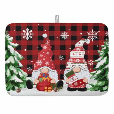 Christmas Gnomes Dish Drying Mat for Kitchen Counter, Winter Snowflake Xmas Tree Red Black Plaid Absorbent Reversible Dish Drainer Rack Mats for Coffee Bar Mats 16''x18'' 1 PCS