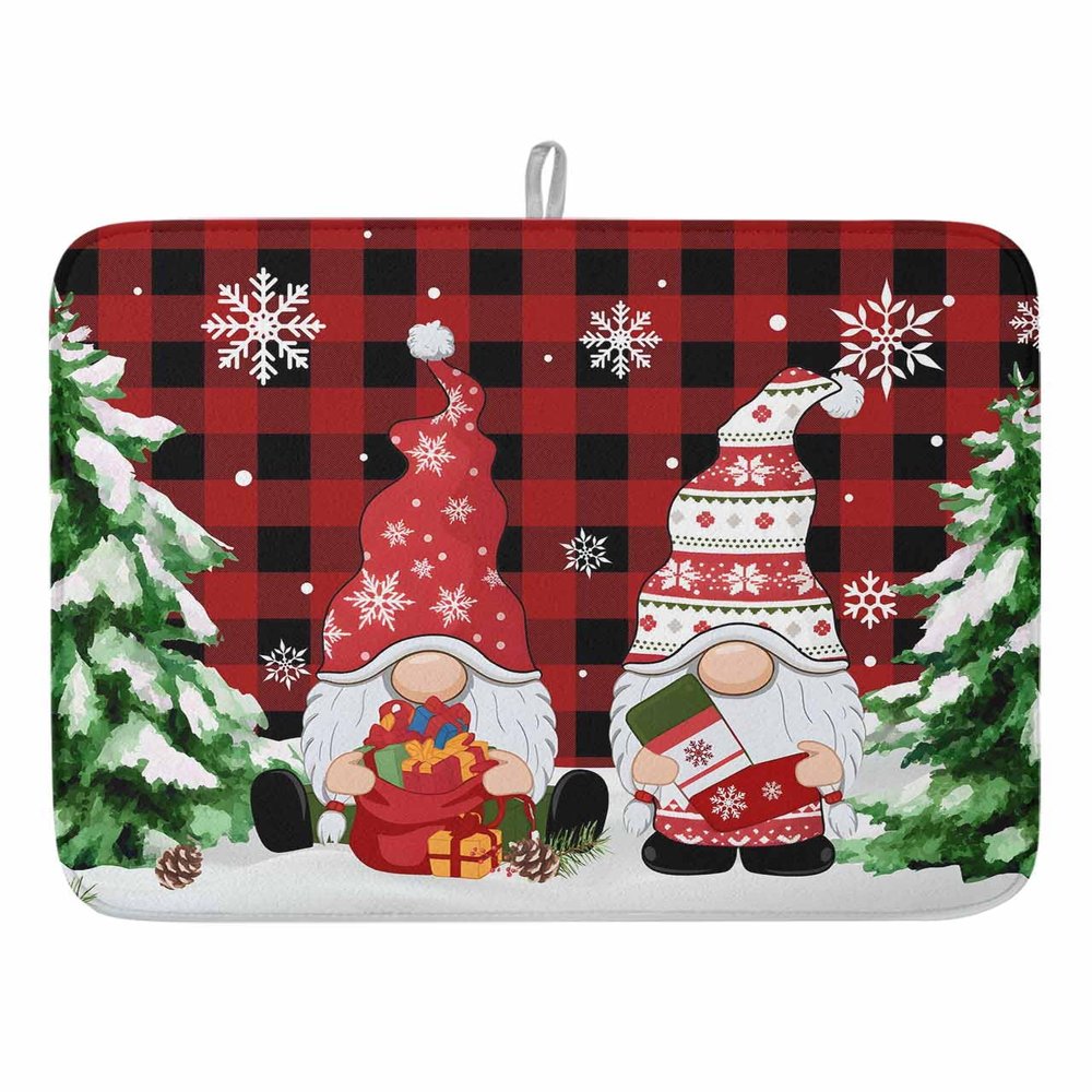 Christmas Gnomes Dish Drying Mat for Kitchen Counter, Winter Snowflake Xmas Tree Red Black Plaid Absorbent Reversible Dish Drainer Rack Mats for Coffee Bar Mats 16''x18'' 1 PCS