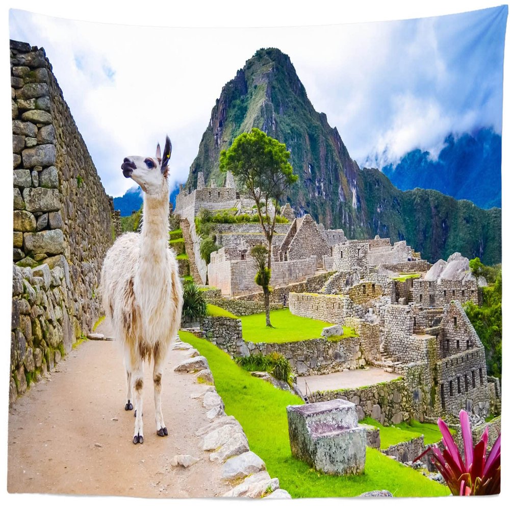 Loccor Machu Picchu Tapestry Comical White Lama Stands Losing Urban Ruins in Peru Green Hills Wall Hanging Peruvian Historic Sanctuary Tapestry for Living Room Bedroom Dorm Home Decor 120x100inch
