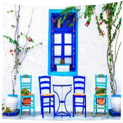 Loccor Greek Street Tapestry Traditional Blue Greece Street Savern Tapestry Wall Hanging Momma Mia Theme Birthday Party Decorations for Living Room Bedroom Dorm Home Decor 70x45inch