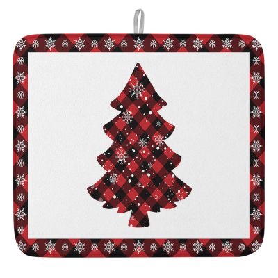 Christmas Tree Dish Drying Mat for Kitchen Counter, Xmas Tree Red Black Plaid Snowflake Absorbent Reversible Dish Drainer Rack Mats for Coffee Bar Mats 18''x24'' 1 PCS