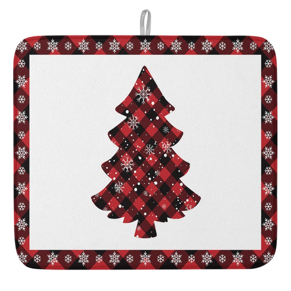 Christmas Tree Dish Drying Mat for Kitchen Counter, Xmas Tree Red Black Plaid Snowflake Absorbent Reversible Dish Drainer Rack Mats for Coffee Bar Mats 18''x24'' 1 PCS