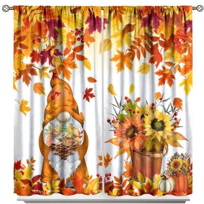 Autumn Gnome Kitchen Window Curtains,Rustic Farmhouse Fall Harvest Thanksgiving Pumpkin Maple Leaves Mushroom Print Home Window Drapes for Kids Boys Girls Bedroom Living Room,Orange 84x84in