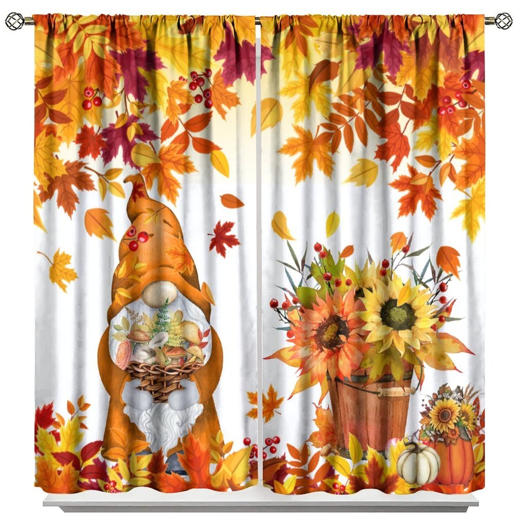 Autumn Gnome Kitchen Window Curtains,Rustic Farmhouse Fall Harvest Thanksgiving Pumpkin Maple Leaves Mushroom Print Home Window Drapes for Kids Boys Girls Bedroom Living Room,Orange 84x84in