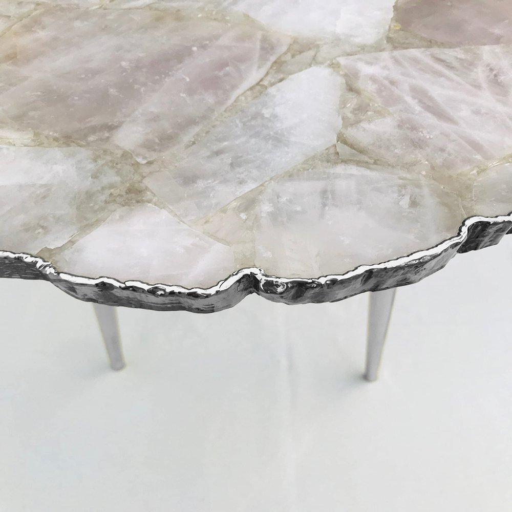 AANTHROPOLOGY By Rhea Rose Quartz Agate Organic Edge Side/Coffee Table (Silver - Finish), Diameter(14 inch)