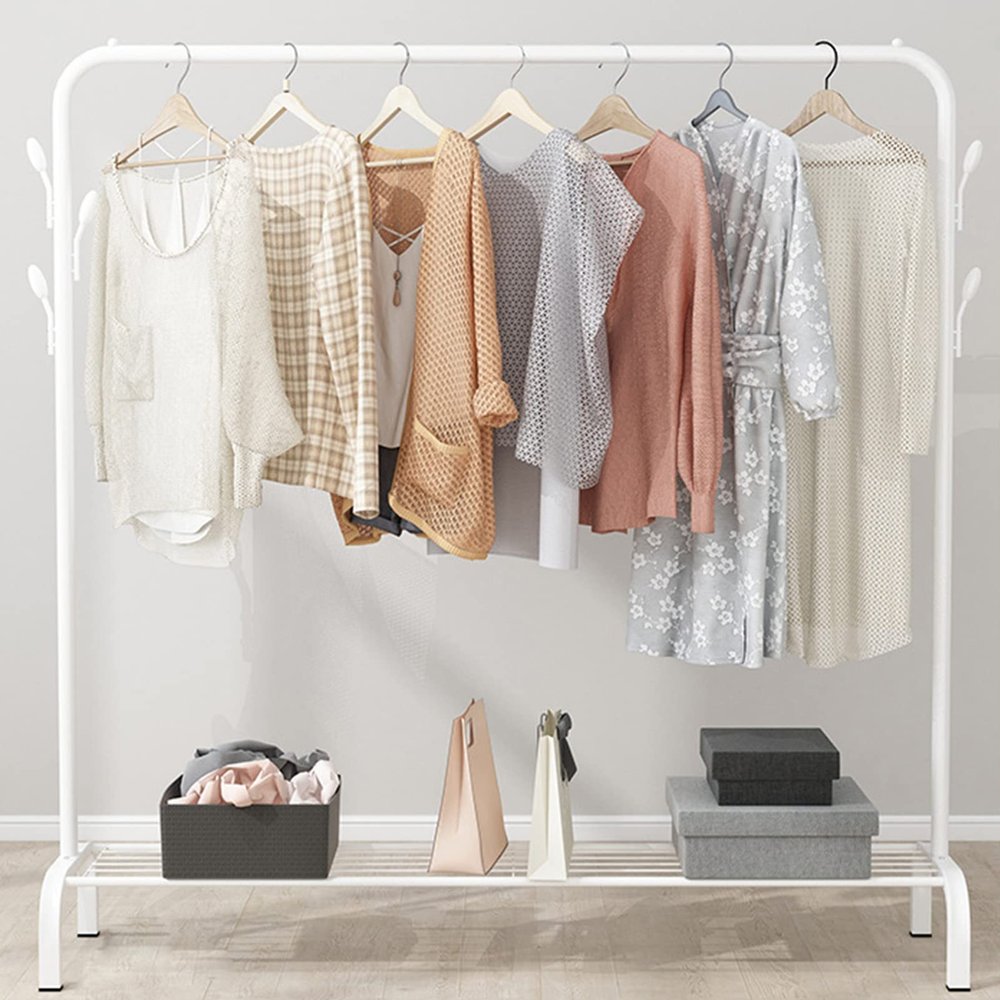 AZHANGYB Clothing Garment Rack with Shelves, Metal Cloth Hanger Rack Stand Clothes Drying Rack for Hanging Clothes, with Top Rod Organizer Shirt Towel Rack and Lower Storage Shelf (A)