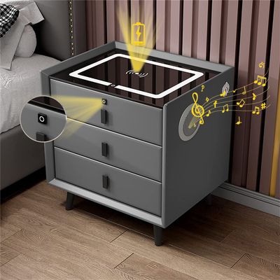 FZYUAN LED Nightstand with Wireless Charging Station USB Port Fingerprint Lock Bluetooth Speaker Modern Smart Bedside Tables Wooden End Side Table for Bedroom Living Room,Gray,3 Drawers