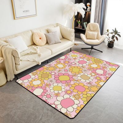 60s 70s Groovy Flower Area Rug 4'11" x 3'3" for Bedroom Bedside,Hippie Funky Flower Living Room Rugs for Kids Boys Girls,Rainbow Vintage Floral Carpet,Bohemia Cartoon Botanical Florals Area Rug