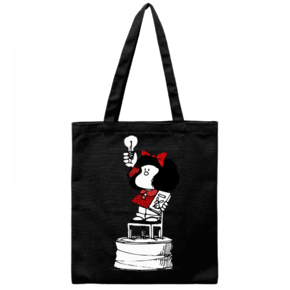 Cotton Canvas Tote Bag for Women,Mafalda Libertad Tote Bags,Reusable Shopping Bags,Black,13.77"x15.75"