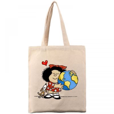 Cotton Canvas Tote Bag for Women,Mafalda Corazon Earth Tote Bags,Reusable Shopping Bags,Beige,13.77"x15.75"