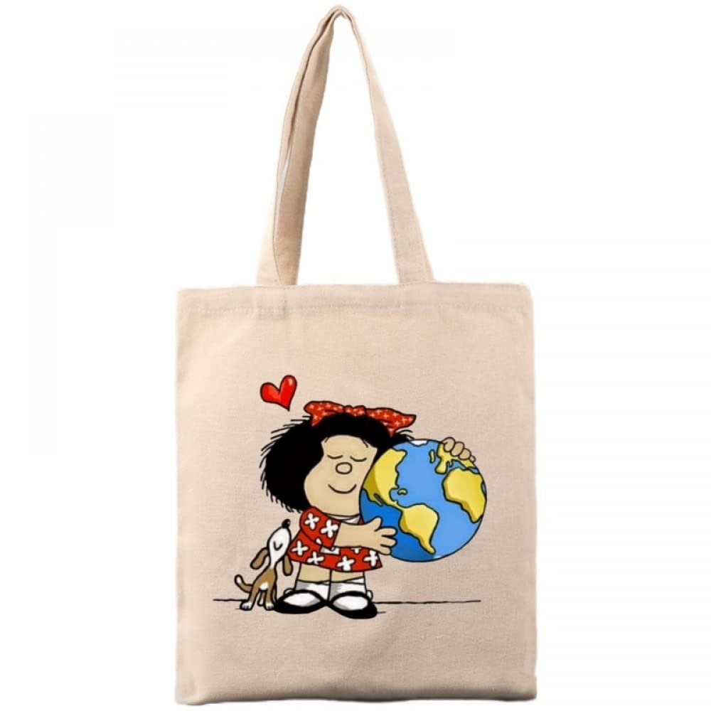 Cotton Canvas Tote Bag for Women,Mafalda Corazon Earth Tote Bags,Reusable Shopping Bags,Beige,13.77"x15.75"