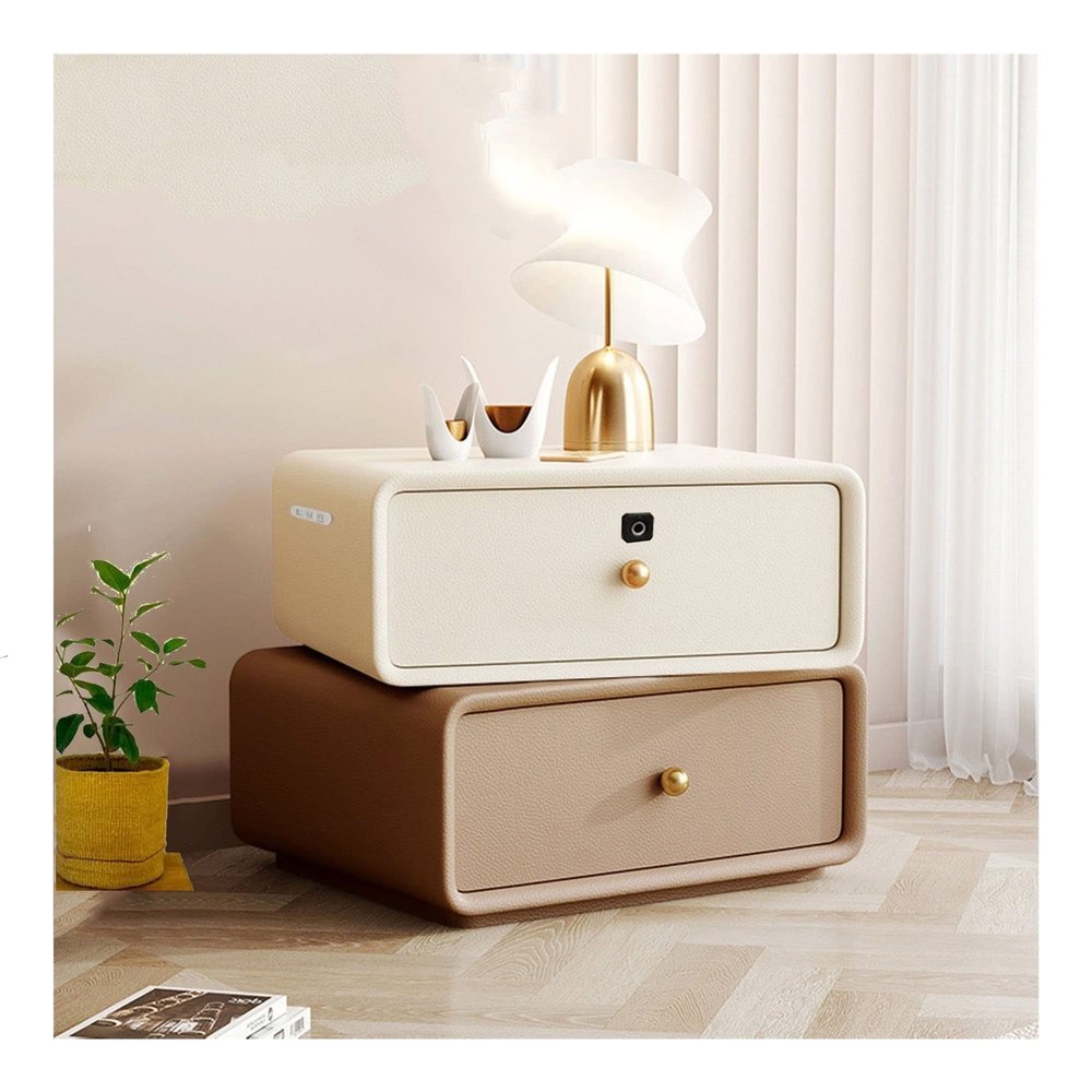 Smart Nightstand with Charging Station and Fingerprint Lock,de Table with Drawer,Modern Solid Wood Bedside Table,Upper 360 Rotatable,for Living Room,Sofa,Office Customizable (Color : 4.Off-White+Lit