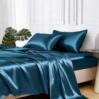 MR&HM Satin Bed Sheets, Twin Size Sheets Set, 3 Pcs Silky Bedding Set with 15 Inches Deep Pocket for Mattress (Twin, Teal)