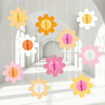10PCS Daisy Groovy Boho Hanging Party Spring Classroom Decorations Retro Themed Honeycomb Balls Hanging Decor Colorful Daisy Flower Ceiling Party Supplies for Flower Birthday Baby Shower Favor