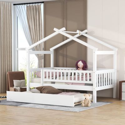 Twin Size House Bed with Twin Size Trundle and Headboard, Wood Daybed Tent Bed for Kids Boys Girls, Can be Decorated (White
