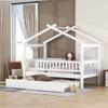 Twin Size House Bed with Twin Size Trundle and Headboard, Wood Daybed Tent Bed for Kids Boys Girls, Can be Decorated (White view 1