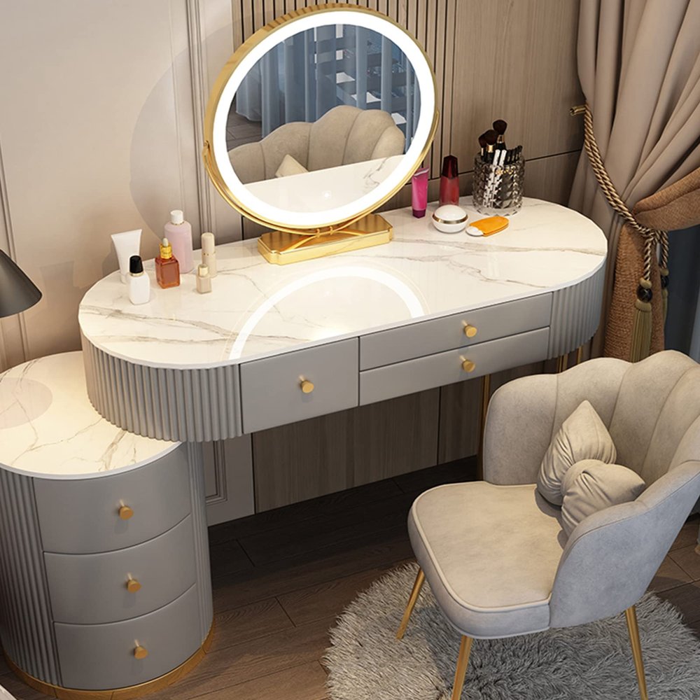 QQXX Makeup Vanity Set with 3 Color Lighted Mirror,Luxury Makeup Vanity Table with Drawers and Side Cabinet,Modern Bedroom Dressing Table with Cushioned Stool(31inch, Gray)