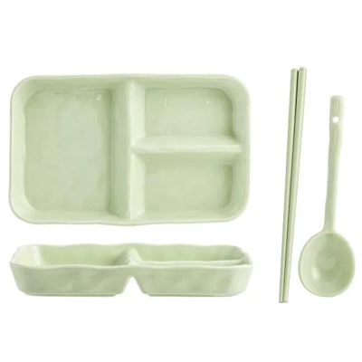 3 Section Compartment Fat Reduction Plate Ceramic Divided Portion Plate Dinner Plates Dinnerware Set for Kitchen (Color : Green, Size : 3Pcs)